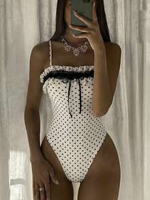 Swim Mod 1pc Women's Polka Dot Bandeau One-Piece Swimsuit, Lace Trim Design, Retro Chic Style Vacation Swimwear - White - View 2
