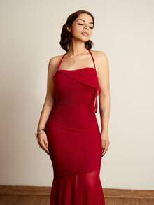 Lupita Cardoza Damen Asymmetrischer Kragen Kreuzträger Slim Fit Fischhalsausschnitt Rotes Partykleid - Bordeaux - Übersicht 5