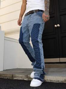 Manfinity LEGND 男士拼接提花蹄印修身弹力喇叭牛仔裤 - 淺色水洗藍 - 查看 4