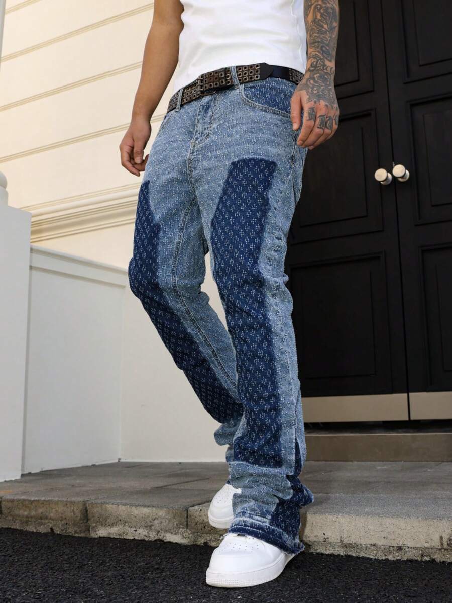 Manfinity LEGND Men's Patchwork Jacquard Hoof Print Slim Fit Stretch Flared Jeans - Light Wash - View 1