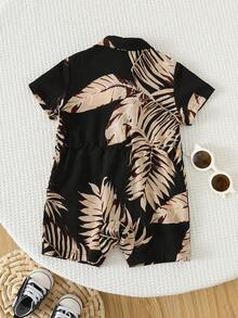 SHEIN Bộ áo liền quần tay ngắn kiểu dáng thường ngày mùa xuân/hè cho bé trai/bé gái sơ sinh, kiểu Hawaii. - màu nâu - Xem 2