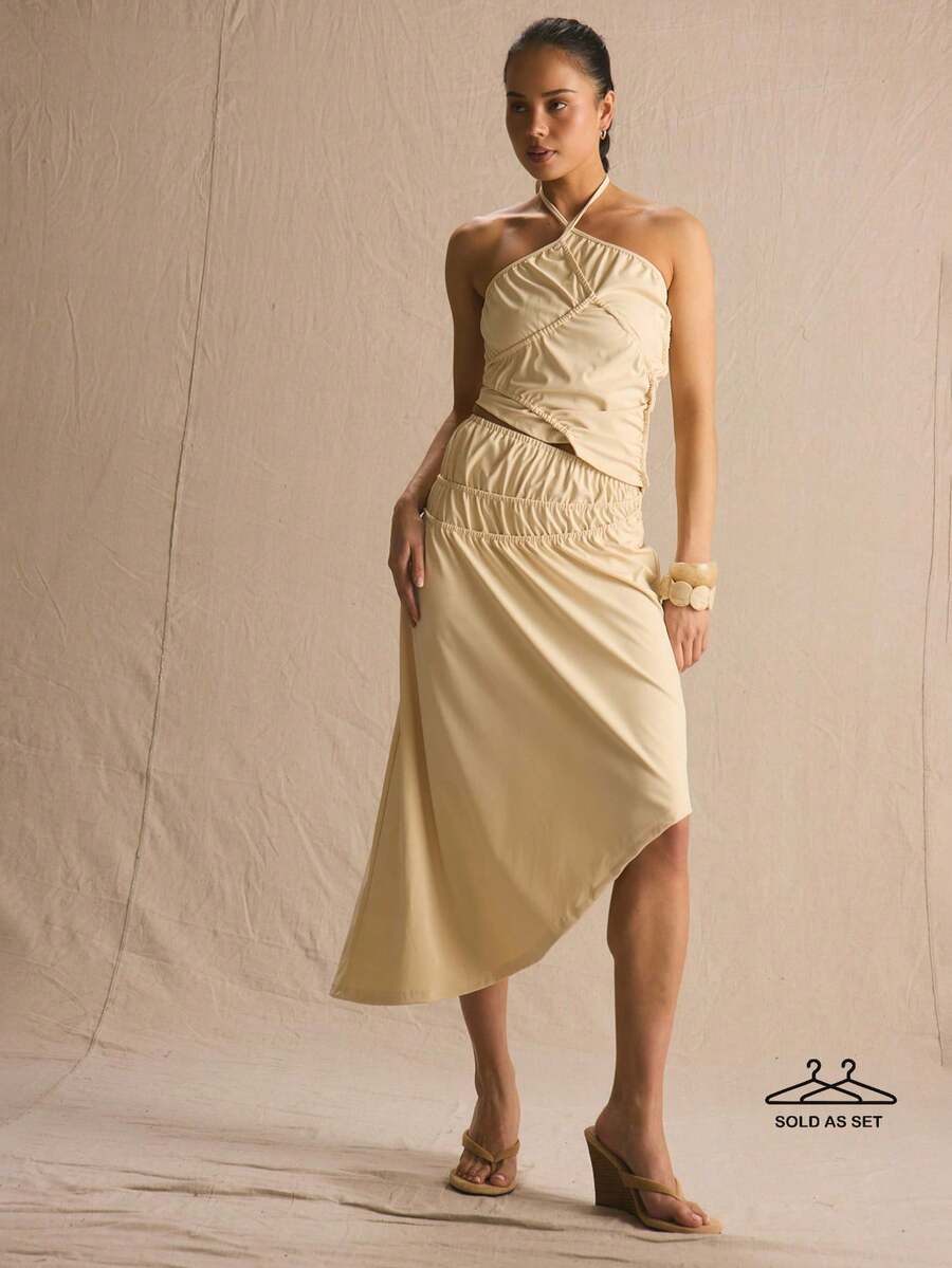 MUSERA Ruching Seam Detail Asymmetric Halterneck Top And Midaxi Skirt Set Spring Summer Cosy Cute Daily Girly Vacation Sunlight Social - Yellow - View 1