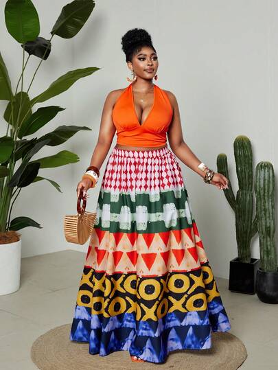 Maweii 大码女式优雅度假沙滩印花叠层不对称下摆半身裙，时尚百搭，适合日常、派对、海滩等场合，色彩鲜艳