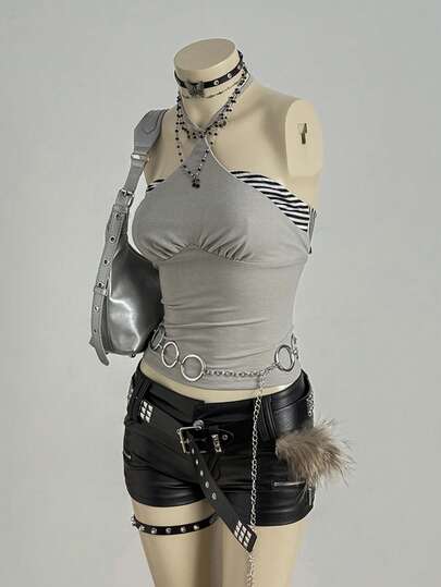 EgrlEra Vintage Sexy Halter Backless Striped Knit 2 In 1 Fitted Stylish Versatile Sleeveless Top For Women, Spring/Summer/Autumn