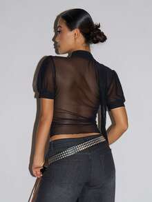 SHEIN ICON Women's Deep V-Neck Mesh Sheer Sexy Blouse, Suitable For Dates And Outings - Black - View 2