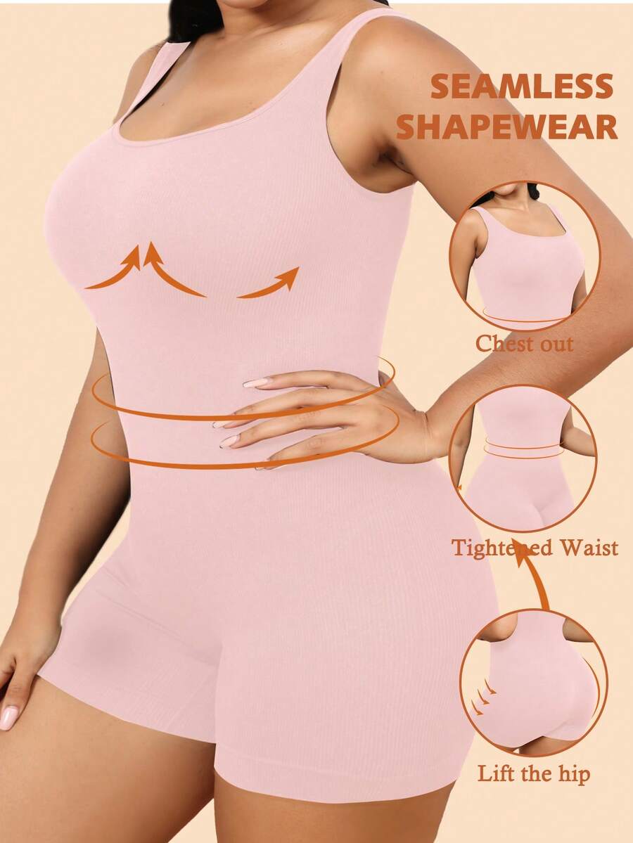 Snug Zone Plus Size Women Solid Color Ribbed Camisole Bodysuit With Shorts - Pink - View 1