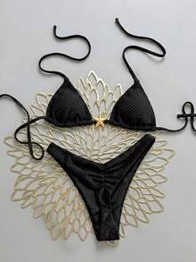 Swim Vcay Conjunto de bikini bohemio de 2 piezas "Swim Vacay", de color blanco crema sólido con textura, con tirantes ajustables, Bottom con espalda en T y pierna alta, tela jacquard especial y decoración de estrella de mar de metal, traje de baño lujoso, de moda y sexy para vacaciones de verano, atuendo de mujer - Negro - Ver 1