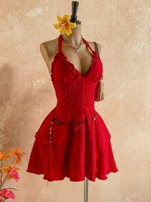 Soleia New Casual Vacation Western Beach Wedding Guest Attire, Graduation Brunch, St. Patrick's Day Spring Break, Easter, Music Festival, Elegant Boho Tropical Graceful Red Textured Bow Tie Backless Ruffle Mini Dress, Suitable For Valentine's Day, Halloween, Christmas - Red - View 5