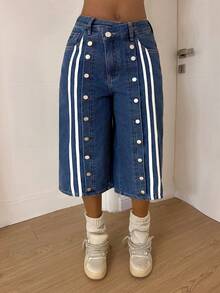 StreetHx Women's Fashionable Casual Sports Style Wide Leg Straight Jeans - Dark Wash - View 4