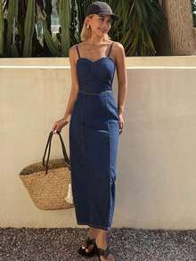 DAZY Women's Vacation Zip Design Fitted Denim Camisole Dress - Medium Wash - View 3