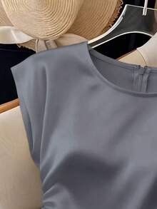 Franclia Áo kiểu nữ thanh lịch cổ tròn, thắt eo, tay ngắn xếp ly, màu hồng đào nhạt, đa năng. - Màu Xám nhạt - Xem 3