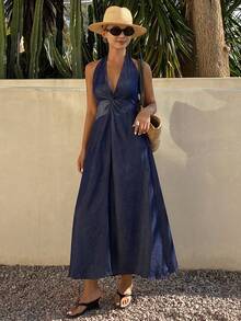 Livesso Women's Vacation Deep V Twist Design Halter Denim Dress - Dark Wash - View 1