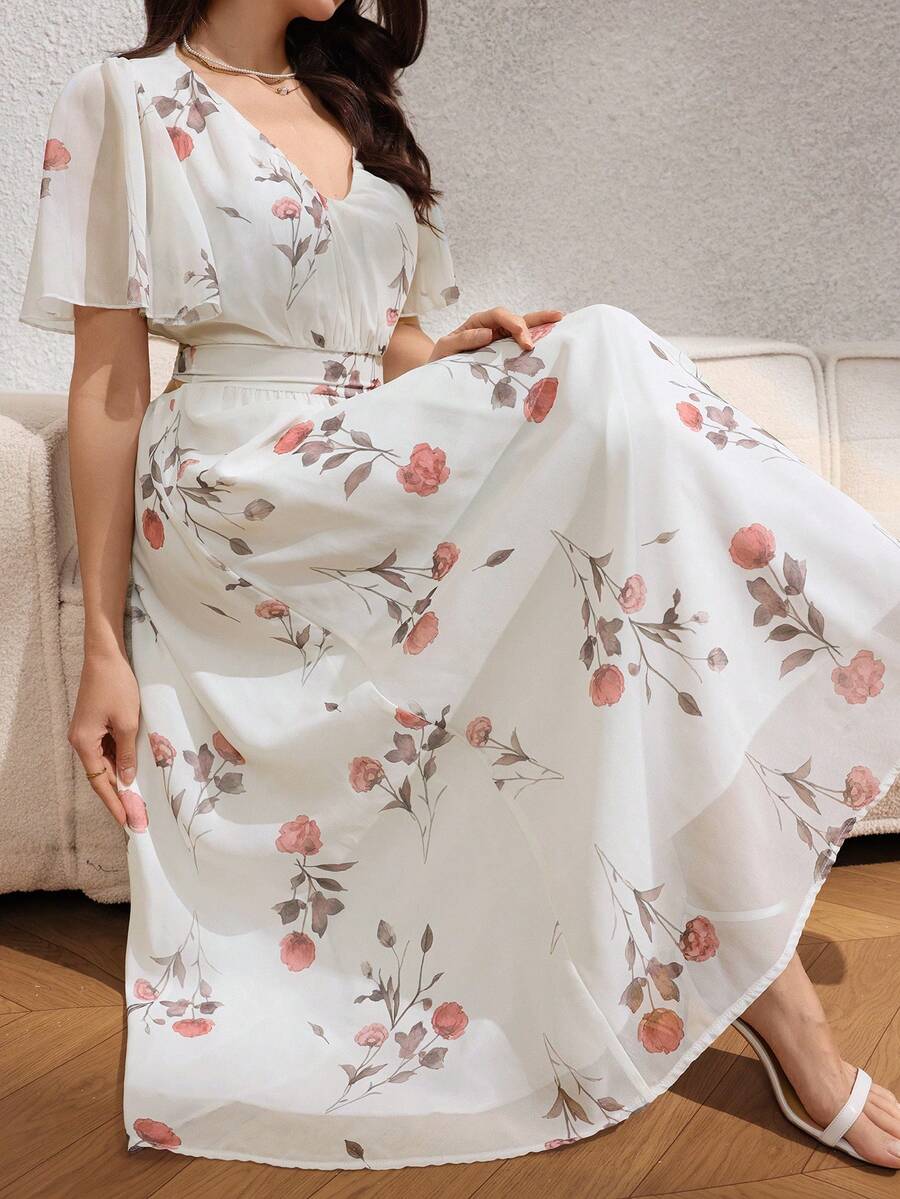 Rafferiza 女士夏季法式优雅休闲设计薄纱雪纺印花V领荷叶袖系带修身长款休闲连衣裙 - 杏色 - 查看 1