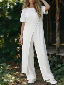 EMERY ROSE Women's Summer Casual Fashionable Asymmetrical Sleeve Wrap Split Maxi Top - White - View 7