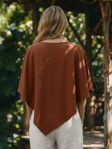 Linavere Women's Casual Commuting Loose Batwing Sleeve Asymmetrical Hem Solid Color Blouse, Summer - Coffee Brown - View 2
