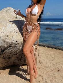 Swim SXY 女士和服连衣裙系带裹身不对称单肩贝壳网针织长裙 - 卡其色 - 查看 3