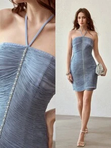 MOTF PREMIUM WOMEN'S HALTER TASSEL WAIST CINCHED SLIM FIT SHORT DRESS - Blue - View 2