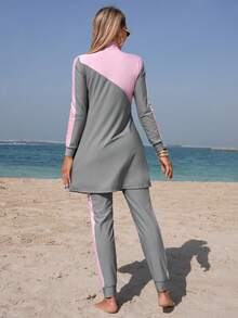 Swim Mulvari Women's Colorblock Long Sleeve & Long Pants Casual Burkini Set, Suitable For Beach & Holiday - Multicolor - View 2