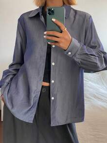 DAZY Camisa casual de manga larga y unicolor para mujer, azul - Azul - Ver 3