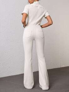 SHEIN EZwear 女款翻領鈕扣口袋休閒日常牛仔喇叭褲連身褲 外出辦公米白色夏季 - 杏色 - 查看 2