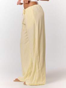 MUSERA Quần ống rộng kẻ sọc có dây rút, thích hợp cho kỳ nghỉ hè, du lịch, đi biển, phong cách thanh lịch, chất liệu vải lanh, trang phục công sở cho nữ, quần tây mùa đông xuân cho nữ, lễ Phục sinh. - Màu vàng - Xem 4