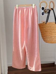 SHEIN EZwear Quần nữ dáng rộng, có dây rút, chất liệu vải sần. - Đỏ - Xem 2
