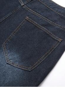 Manfinity EMRG Pantalones cortos vaqueros de ajuste recto con estampado de eslogan, lavado oscuro, estilo callejero juvenil de primavera/verano - Azul lavado oscuro - Ver 3