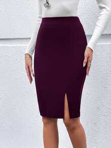 EMERY ROSE 女士纯色高腰侧开衩下摆优雅修身半身裙 - 紫色 - 查看 4