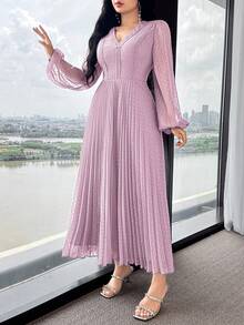 Modelyn Gaun Midi Elegan Berlipit Leher V untuk Wanita, Cocok untuk Pesta dan Acara di Musim Panas - Mauve Purple - View 4