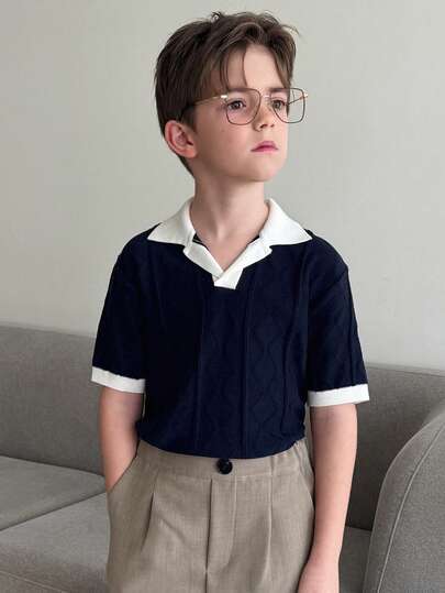DAZY Tween Boy Contrast Color Collar Short Sleeve Casual Sweater