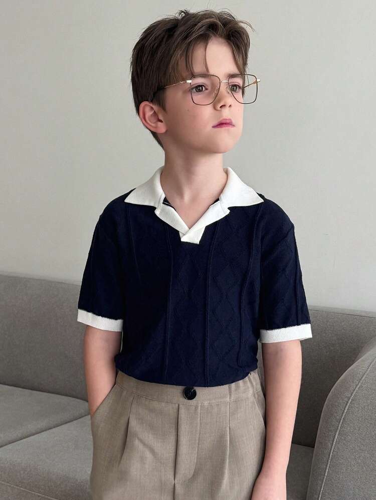 Tween Boy Contrast Color Collar Short Sleeve Casual Sweater