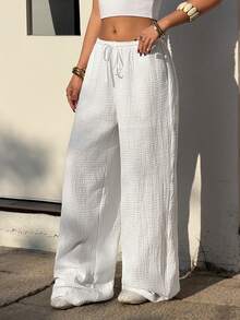 Muchica Women's White Crepe Knit Drawstring Casual Pants With Slanted Pockets Summer Holidays Spring Women Summer Vacations - White - View 3