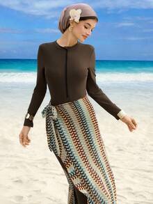 Swim Mulvari Đầm dệt kim dự tiệc ngày lễ, đầm đi biển đón năm mới, đầm đi biển gợi cảm với chân váy xòe, đầm đi biển kẻ sọc khoét lỗ cho mùa đông Giáng sinh, bộ bikini Burkini 3 mảnh không gọng thanh lịch mùa hè dành cho nữ, bộ đồ bơi Burkini Trung Đông - màu nâu - Xem 4