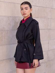 Andrea Bello 女士时尚优雅双排扣束带风衣法式风衣女装风衣秋冬女装风衣 - 黑色 - 查看 6