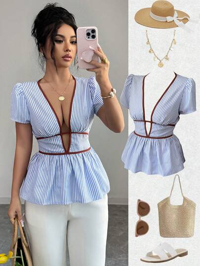 SHEIN Elenzya Elegant Summer Vacation Holiday Blue Striped Plunging Neck Sexy Hollow Out Women Blouse