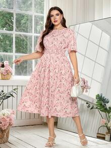 SHEIN Clasi 大码优雅小碎花连衣裙，夏季 - 粉色 - 查看 3