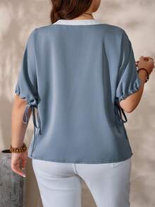EMERY ROSE Women's Plus Size V-Neck Colorblock Mid-Sleeve Loose Straight Casual Blouse, Suitable For Spring/Summer, Fashionable And Comfortable For Daily, Work, Vacation And Home Wear Blue Tops Plus Size Light Blue Blouse V Neck Blouses For Women Business Casual Tops Woman Summer Work Top - Dusty Blue - View 2