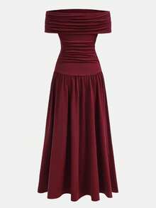 SHEIN 少女纯色酒红色串珠优雅复古返校/派对装、生日装、舞会礼服，针织露肩褶皱长裙，适合居家、户外、派对、聚会等各种场合，露肩中长连衣裙 - 酒紅色 - 查看 3