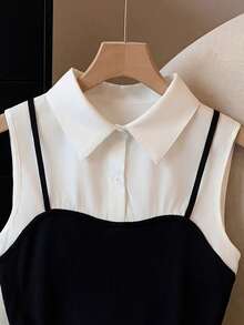 GlowEve Women's Fashion Sleeveless Ruffle Hem Blouse - Black and White - View 4