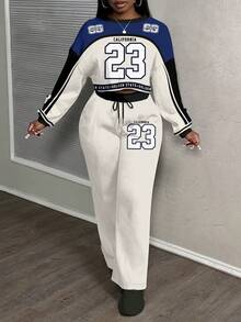 Slaydiva Conjunto esportivo feminino casual estilo streetwear, caimento solto, 2 peças, adequado para outono/inverno - Multicolorido - Ver 6