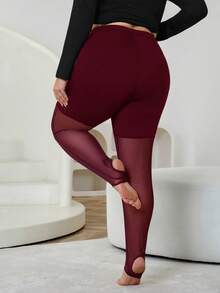 SHEIN CURVE+ 大码女装/秋季女装/冬季女装/冬季女装大码女装，连体袜，黑色大码打底裤，防滑高筒打底裤，黑色网眼拼接打底裤，适合日常休闲穿着，简约时尚，春夏女装，秋季女装，冬季，大码 - 酒紅色 - 查看 2