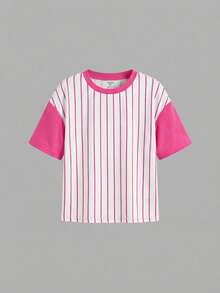 SHEIN 女童休闲舒适宽松卡通印花圆领T恤和裤子套装 - 玫紅色 - 查看 7