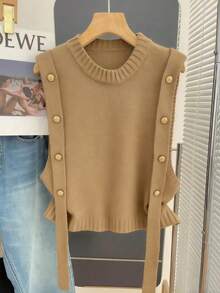INAWLY Women's Regular Round Neck Loose Button Design Casual Knitted Vest - Khaki - View 3