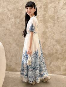 Dazy Kids Tween Girls Elegant Floral V-Neck Puff Sleeve Belted Mid-Length Dress, Autumn Summer Vacation - Blue - View 6