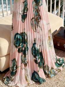 GlowEve French Elegant Casual Vacation Shirred Sleeveless Light Pink Floral Print Textured Plaid Chiffon Waist Gathered Pleated Flared Maxi Dress, Spring/Summer Pink Women Dress, Summer Dress, Polka Dot Dress, Elegant Women Summer Dress, Pink Maxi Dress, Flowy Summer Dress - Multicolor - View 3