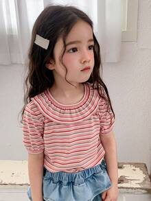 Dazy Kids 少女休闲度假风日常通勤撞色条纹花卉印花荷叶边短袖T恤，夏季 - 彩色 - 查看 7