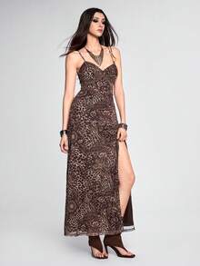 ROMWE Hippie Đầm hai dây xẻ cao họa tiết da báo phong cách Bohemian, thích hợp cho kỳ nghỉ - màu nâu - Xem 1