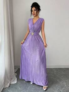 Franclia Women's Fashionable And Versatile Party Dresses, Women's Long Lilac Purple Sleeveless Wrap Dress With V-Neck Pleats, Dress With Metal Buckle Belt, Elegant And Slim Lilac Purple Banquet Dress, Women's Wedding Guest Dress, Wedding Party Dress, Women's Holiday Dress, Elegant Long Dress, Women's Beach Dress, Women's Graduation Dress, Women's Formal Dress/Gown, Women's Purple DressGraduation Season Attire, Fashionable Casual Commuter Wear, Business Office Wear, Versatile And Stylish Everyday Casual Wear, Urban Teacher's Professional Attire - Lilac Purple - View 8