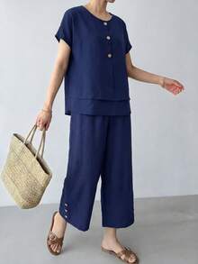 Yumoku 两件套女士纯色圆领短袖宽松休闲夏季套装 - 藍色 - 查看 4