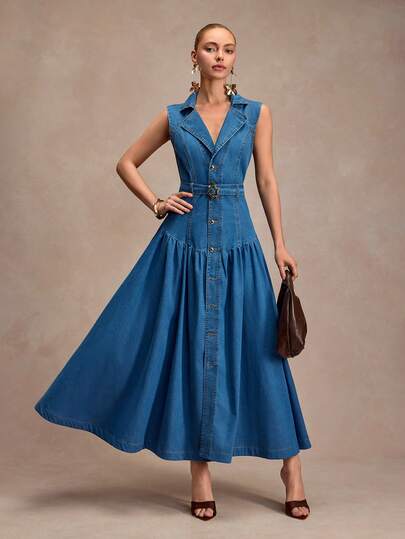 CLARA VERO Sleeveless Collared Belted Maxi Denim Dress – Defined Waist And Flared Maxi Skirt, Ideal For Daytime Events, City Strolls Or Garden Parties, Crafted Using Non-Stretch 100% Cotton Denim Fabric For A Structured And Stylish Appearance